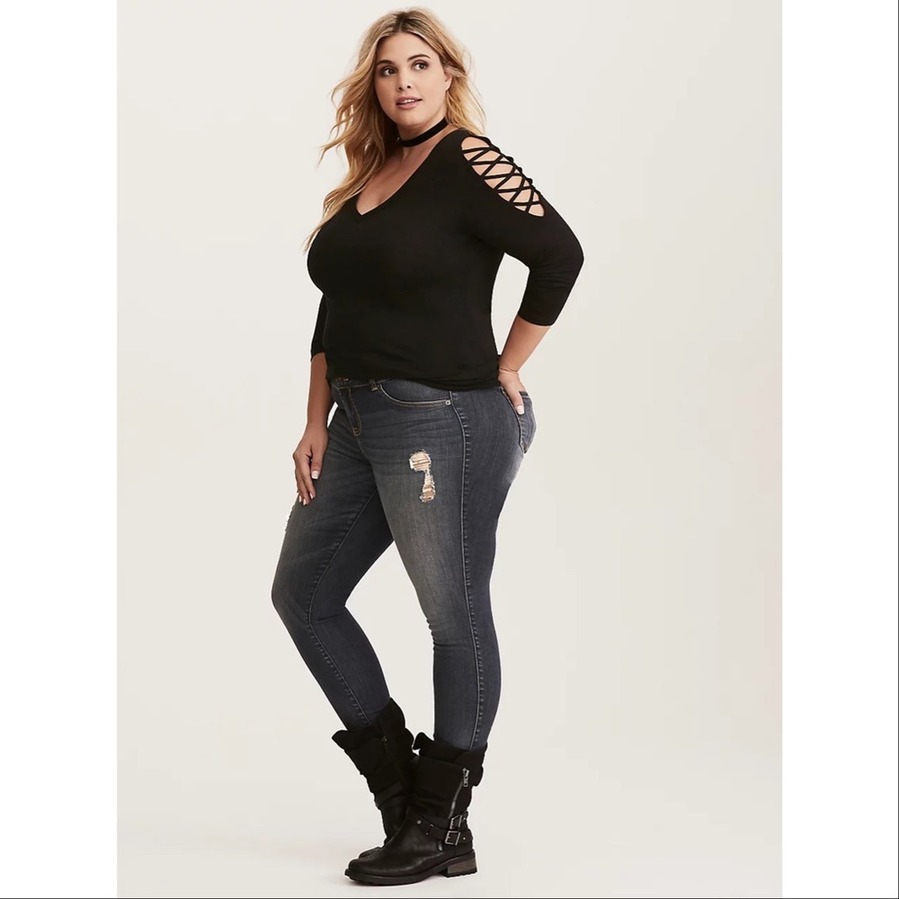 Torrid Black Super Soft V-Neck Lace Up Sleeve Top